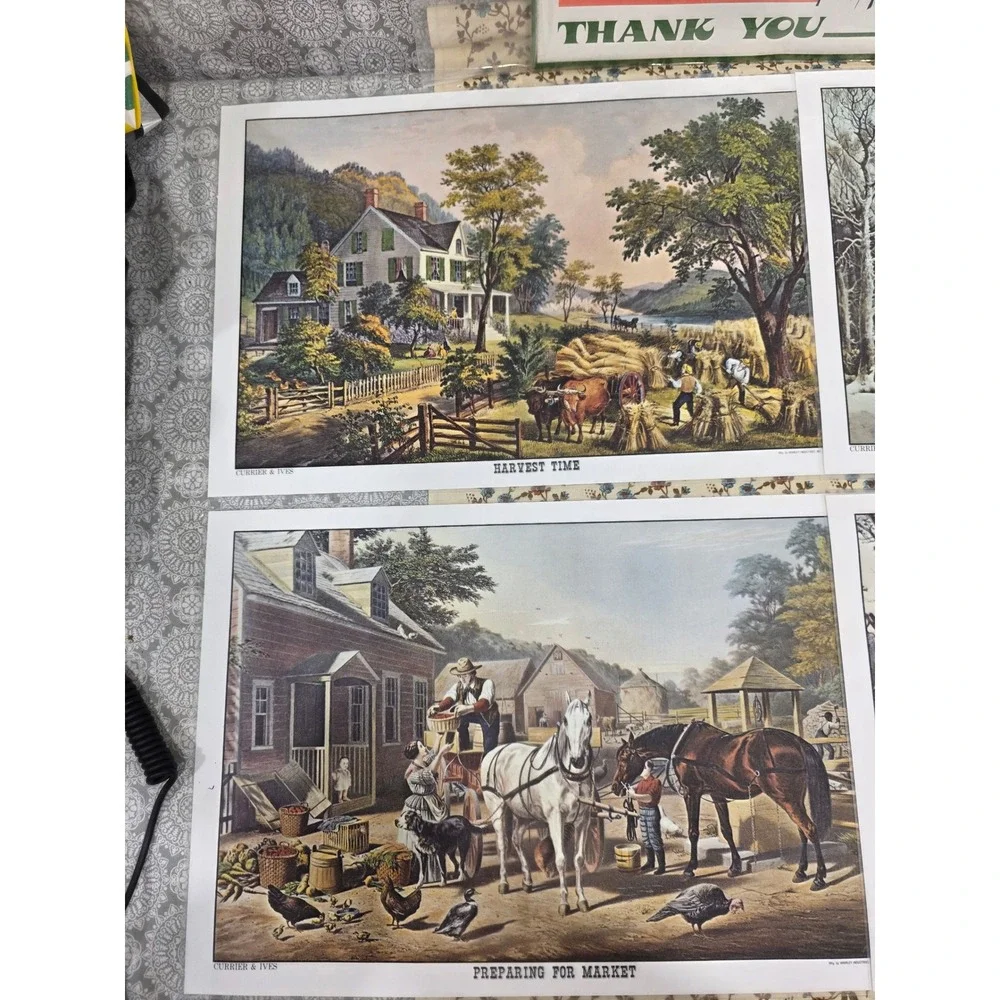 Vintage Currier &‎ Ives Placemats Whirley Industries Set of 4 Farmhouse Decor